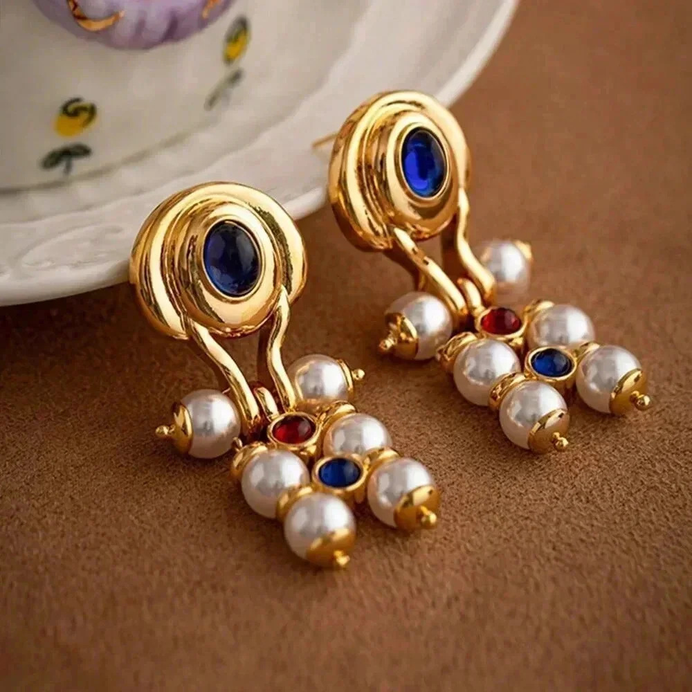 Blue Women's Imitation Stone Metallic Beaded Faux Pearl Gold Plated Earrings - Picture 8 of 8